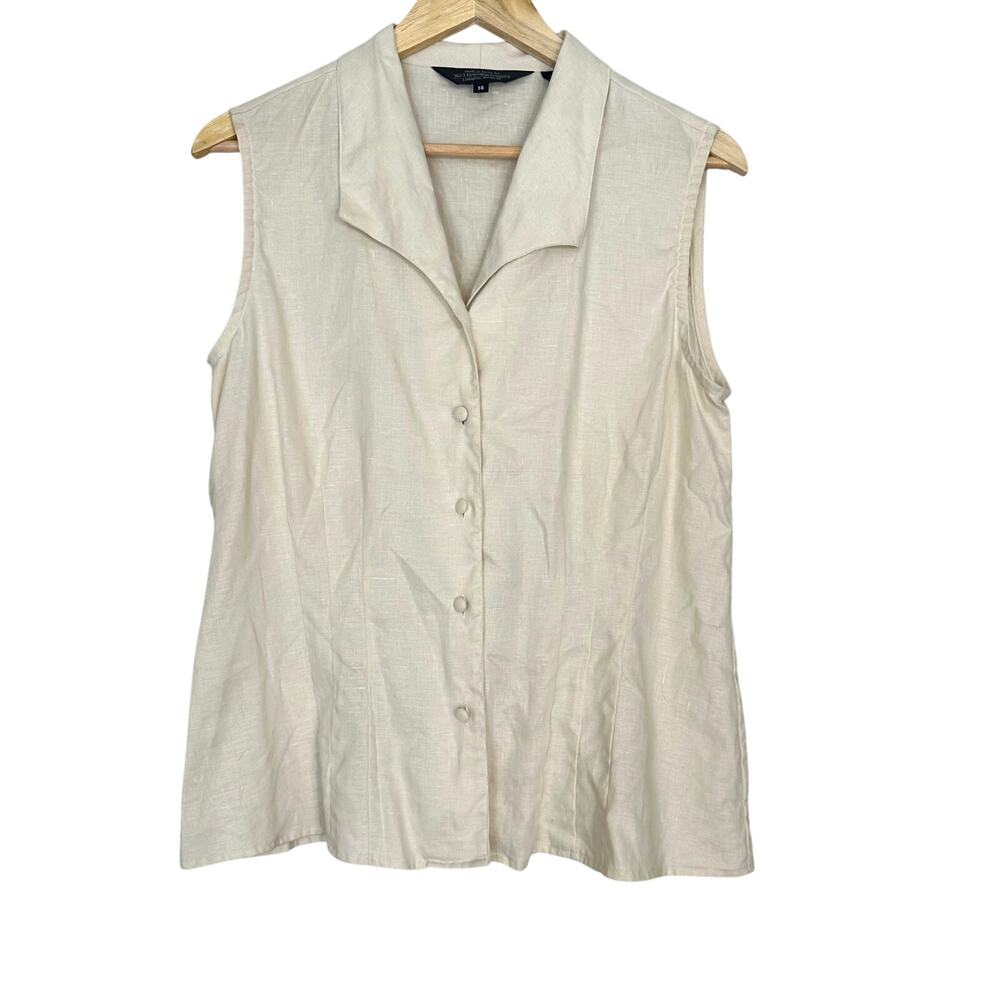 J Peterman 100% Linen Beige Sleeveless Button Up,‎ Classic, Coastal, size 14